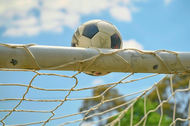 Photo soccer ball trapped under the nets top bar