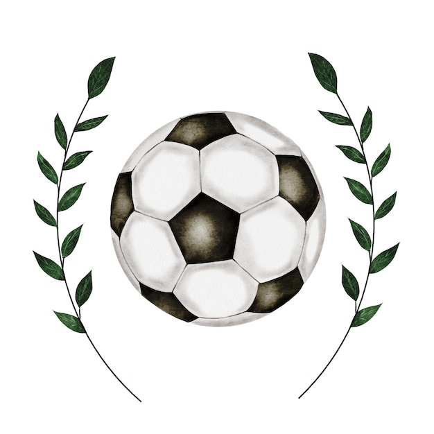 색에 분리 된 손으로 그린 그림으로 가지가 있는 수채화 축구공 축구공