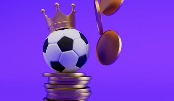 写真 コインのスタックと王冠を身に着けているサッカー ボール スポーツ賭博と金融 3 d レンダリング
