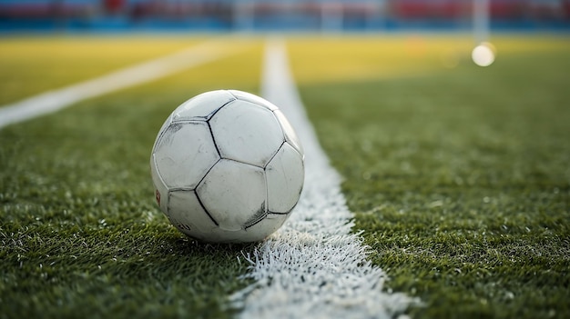 Soccer ball on the white line at stadium