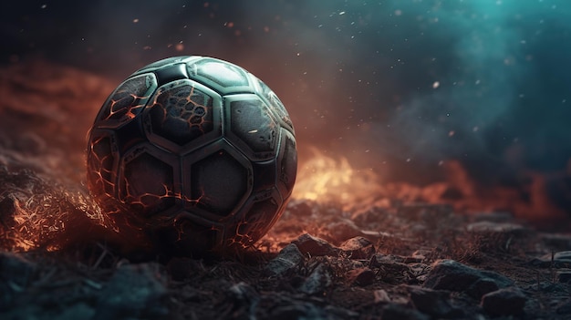 A soccer ball with a fire in the background