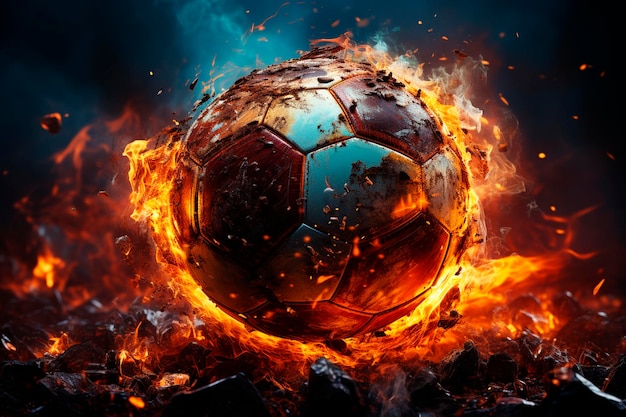 Soccer ball with fire on the field generative ai