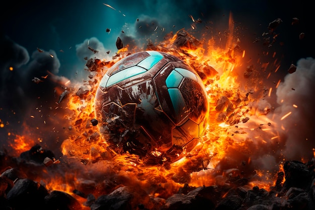 Soccer ball with fire on the field generative ai