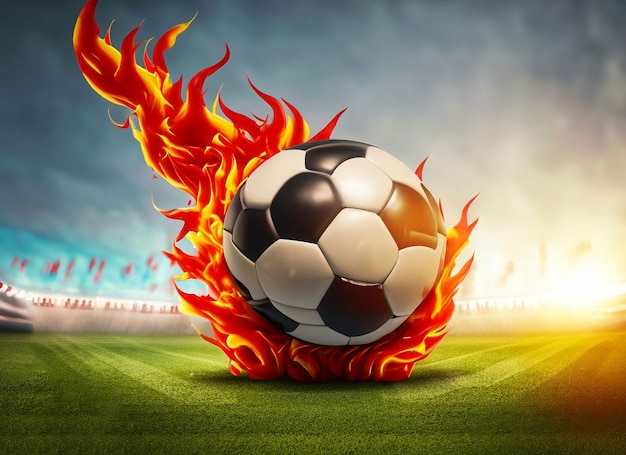 A soccer ball with a fire on it and the word soccer on it.