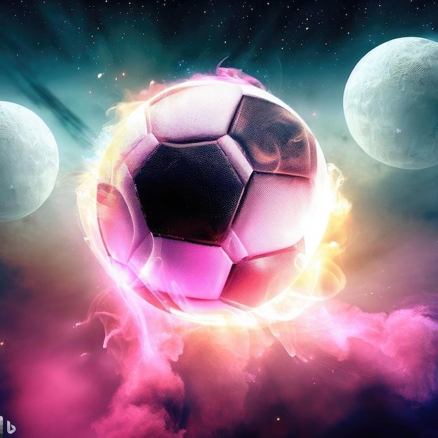 Soccer ball with fire and planets in space 3D rendering