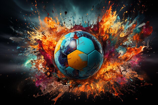 a soccer ball with a fireball in the background