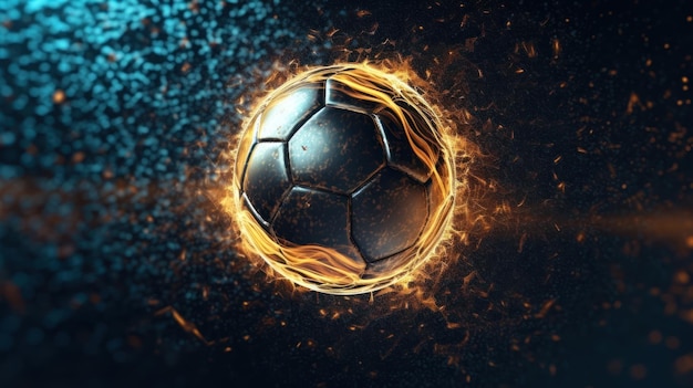 A soccer ball with flames and a blue background