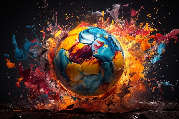 soccer ball with flames and a fireball in the background