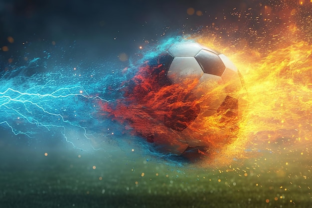 soccer ball with flames and lightning flying like a comet on night sky blue and orange background