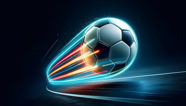 A soccer ball with a neon trail speeds across a textured surface conveying motion and energy