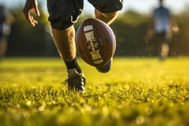 Foto palla da calcio con il giocatore al tramonto, porta da calcio sullo sfondo