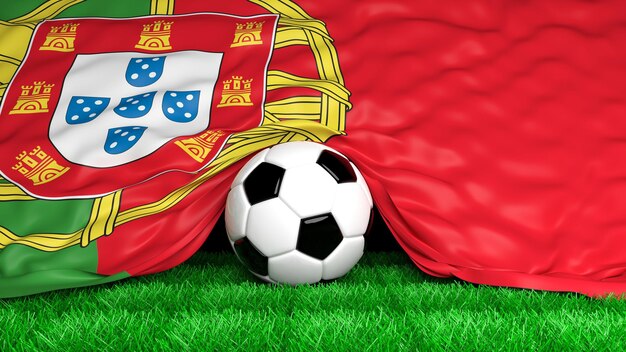 Soccer ball with Portuguese flag on football field closeup