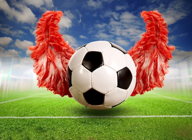 A soccer ball with red feathers and a white soccer ball with the word " on it "