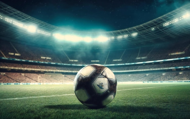 Soccer ball with stadium lights pitch and field