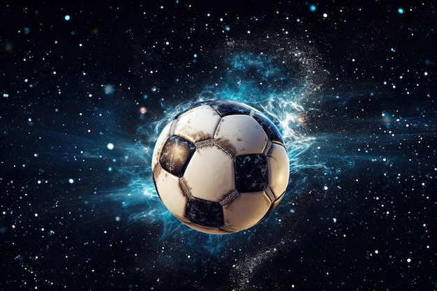 Футбольный мяч с поверхностью, которая мерцает, как поле звезд, оставляя за собой след из звездной пыли, когда он движется по полю, генерирующий иллюстрацию ai
