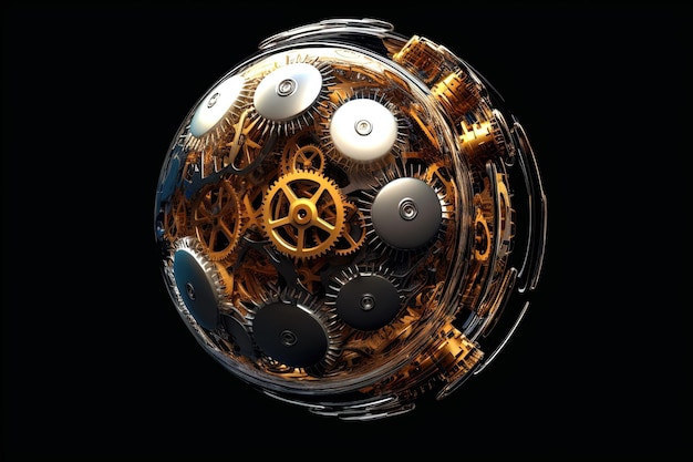 Soccer ball with a translucent outer shell revealing intricate gears and mechanisms inside illustration generative ai