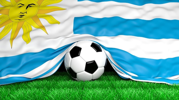 Soccer ball with Uruguayan flag on football field closeup