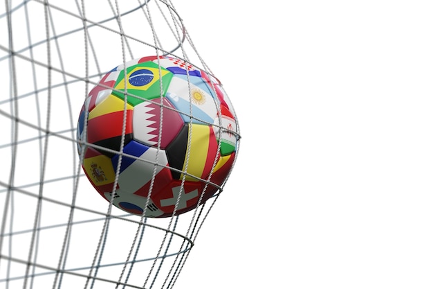 Foto pallone da calcio con bandiere del campionato del mondo che segnano l'obiettivo e spostano la rete isolata su sfondo bianco illustrazione 3d