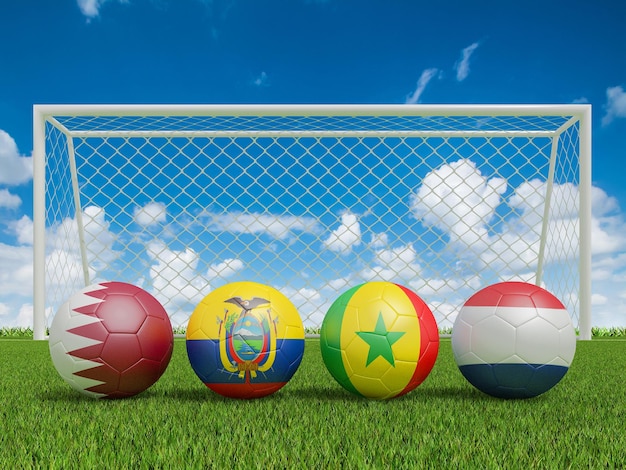 Soccer balls in flags colors on soccer field 3d rendering of group A