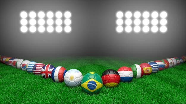 Photo soccer balls with various countries flags on grass