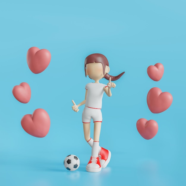サッカーの漫画のキャラクターの女の子のポーズ 3 d レンダリング