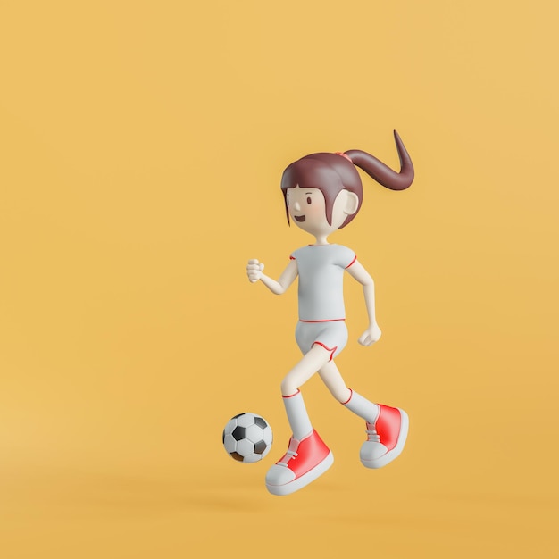 サッカーの漫画のキャラクターの女の子のポーズ 3 d レンダリング