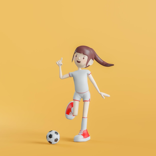 サッカーの漫画のキャラクターの女の子のポーズ 3 d レンダリング
