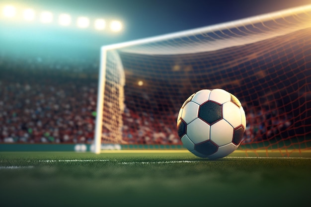 サッカー選手権またはサッカー スポーツ ゲーム トーナメント フライング ボール サッカー ボール サッカー カップまたはカレッジ リーグ チームとファン クラブのアリーナ スタジアムのゴールに飛んでのシンボル
