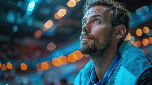 Soccer coach with a clipboard analyzing game footage blue color grading