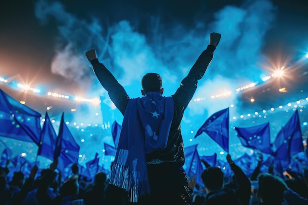 Soccer fan or football fan with flag at cheering while winning match Generative AI