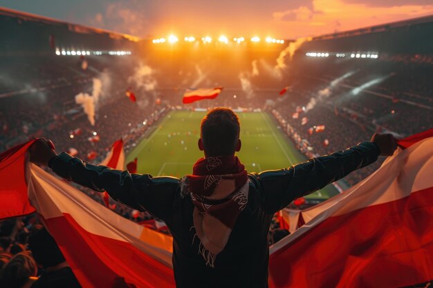 Photo soccer fan or football fan with flag at cheering while winning match generative ai