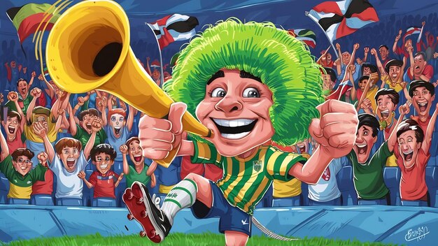 Photo soccer fan with wig and vuvuzela celebrating