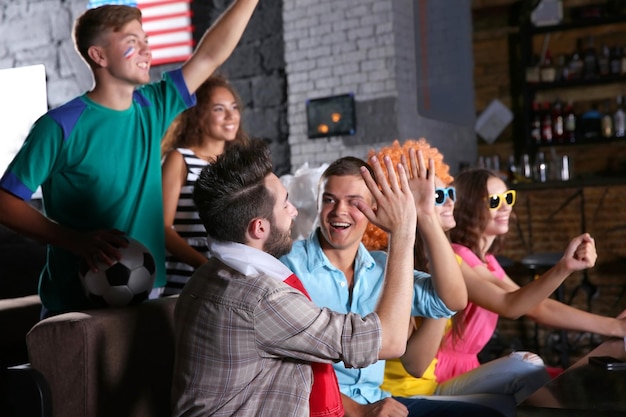 Soccer fans emotionally watching game in sport bar