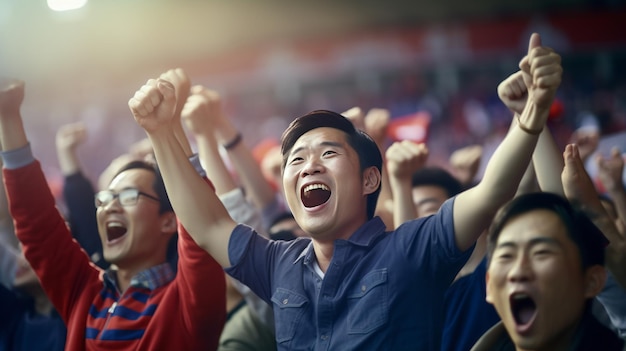 スタジアムのサッカーファンが叫び声を上げて歓声を上げる