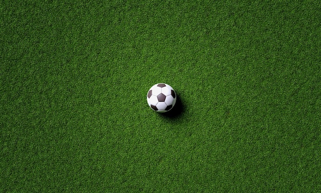 Foto campo da calcio al centro e palla sullo sfondo vista dall'alto sport e concetto atletico rendering di illustrazioni 3d