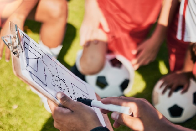 Foto allenamento e pianificazione della strategia del campo di calcio con la squadra per l'allenamento e l'apprendimento degli obiettivi consigli sulla formazione del gioco e idee per la competizione disegno del campo del manager di calcio e insegnamento dei giocatori di calcio