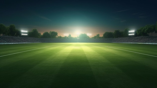 A soccer field with a bright sun shining on the field