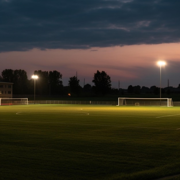 A soccer field with a field and lights on it