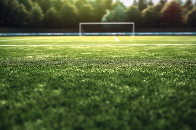 A soccer field with a goal in the background