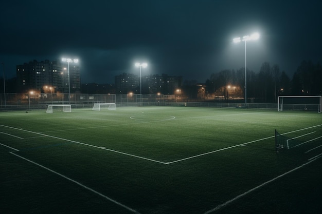 A soccer field with a stadium lights on the dark night.