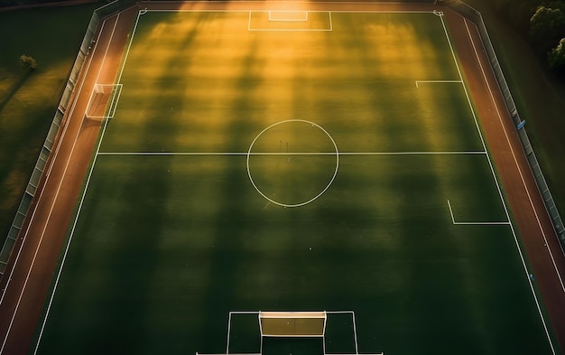 Soccer field with a yellow line and the word soccer on it