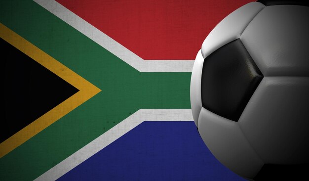 Soccer football against a South Africa flag background 3D Rendering