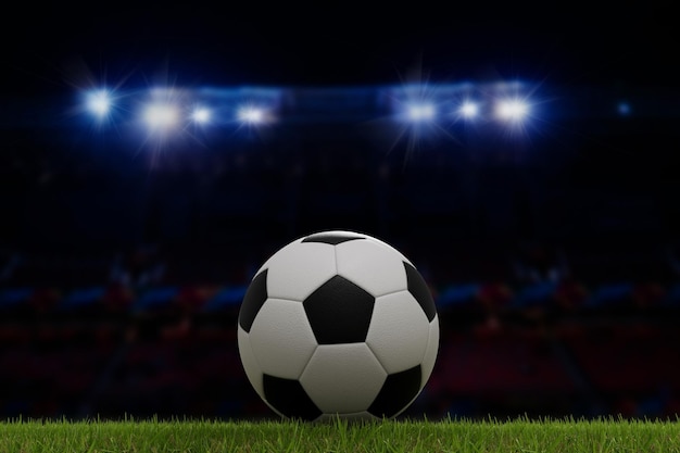 Soccer football ball on a grass pitch in front of stadium lights 3D Rendering