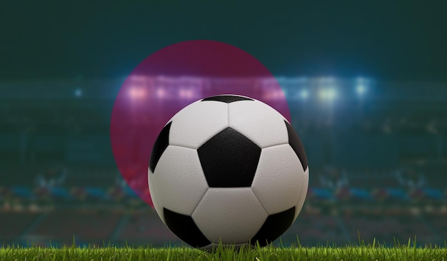 Soccer football ball on a grass pitch in front of stadium lights and bangladesh flag 3D Rendering