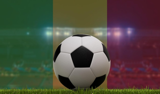 Soccer football ball on a grass pitch in front of stadium lights and mali flag 3D Rendering