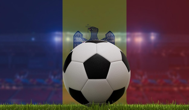 경기장 조명 및 몰도바 플래그 3D 렌더링 앞 잔디 경기장에 있는 축구공