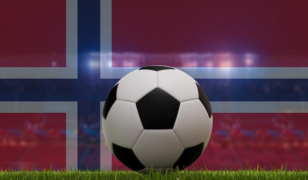 Soccer football ball on a grass pitch in front of stadium lights and norway flag 3D Rendering