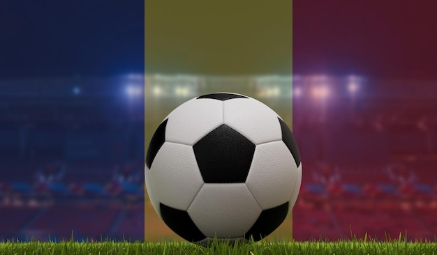경기장 조명과 루마니아 국기 3D 렌더링 앞 잔디 경기장에 있는 축구공