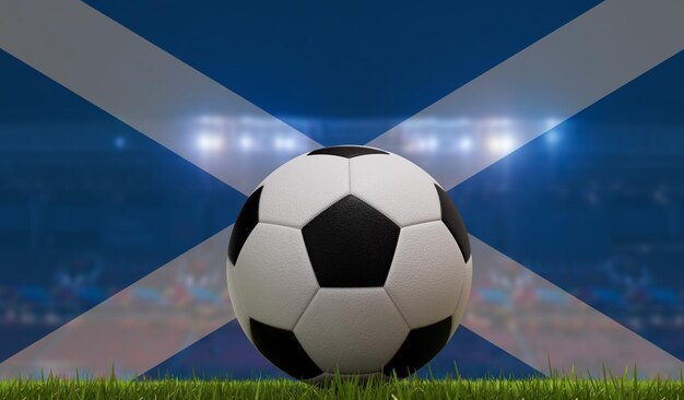 경기장 조명과 스코틀랜드 국기 3D 렌더링 앞 잔디 경기장에 있는 축구공