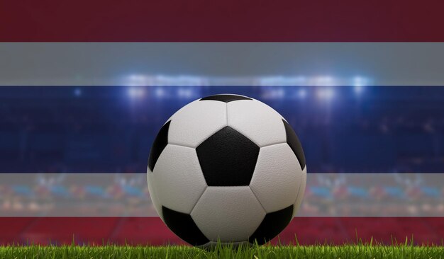 Soccer football ball on a grass pitch in front of stadium lights and thailand flag 3D Rendering